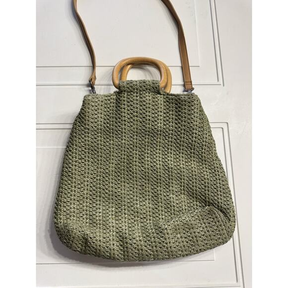 Fossil Handbags - Fossil Green Weave Crochet Wooden Handles Hobo Bag Purse Woven Crossbody Strap